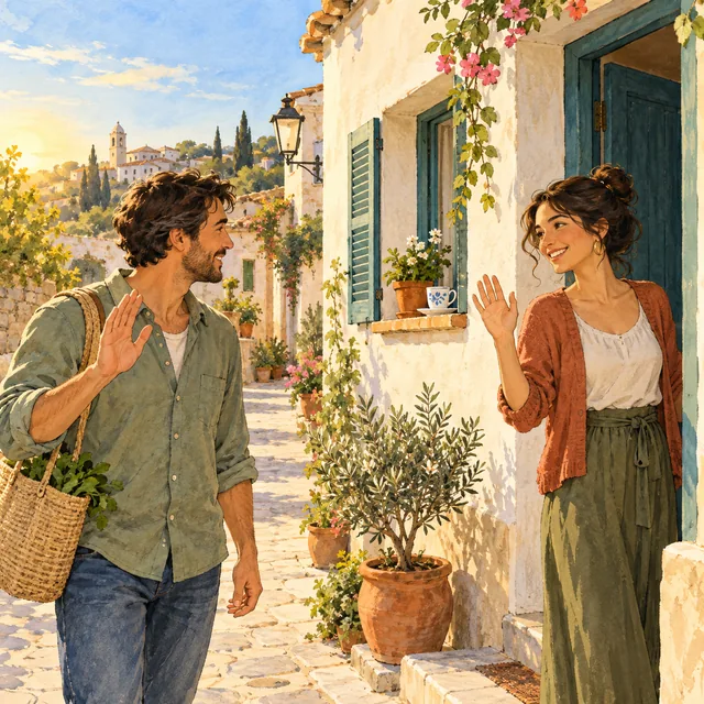 Ana and Carlos greeting each other in the morning, from the app’s learning artwork