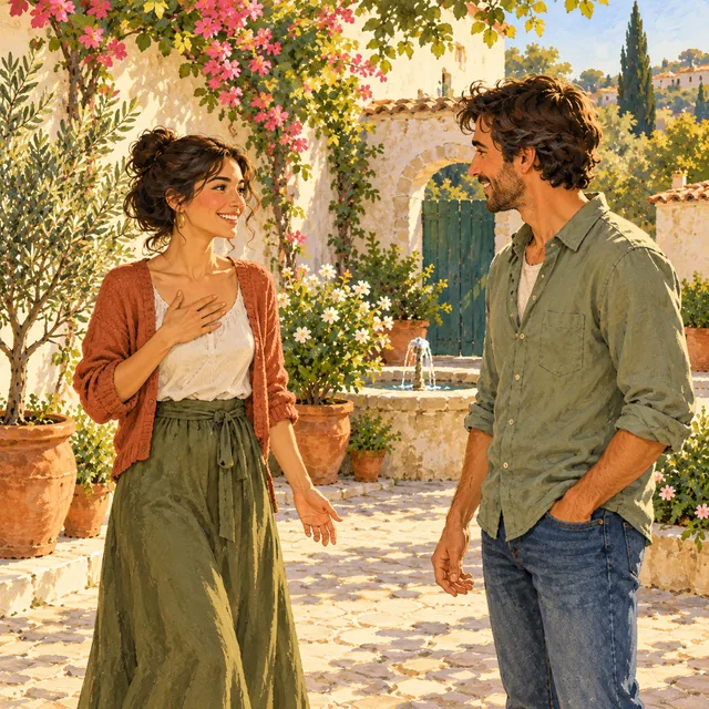 Ana introducing herself to Carlos in a flower-filled courtyard