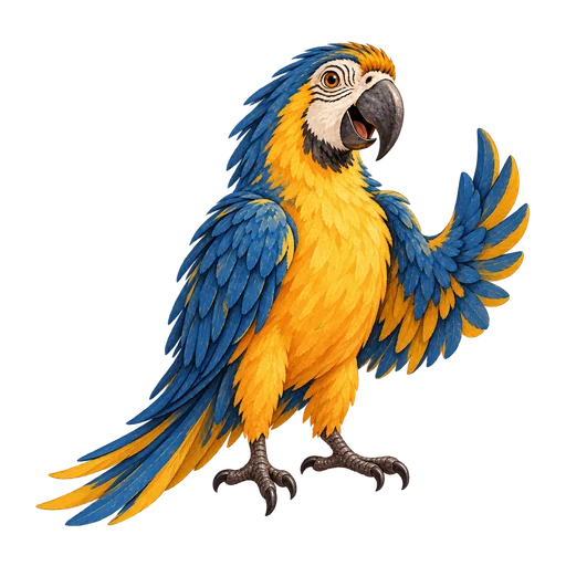 Pico opening his blue-and-gold wing to explain