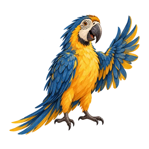 Pico, the app’s blue-and-gold macaw, raising a wing in welcome