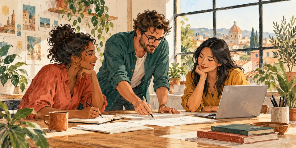 Painted workplace scene from HeyHola